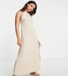 Asos Design Petite Gathered Neck Maxi Dress With Open Back In Stone-neutral