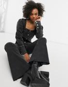 Signature 8 Front Button Puff Sleeve Denim Shirt In Washed Black