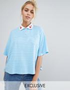 Lazy Oaf Valentines Exclusive Stripe Boxy Polo Top With Hearts - Blue