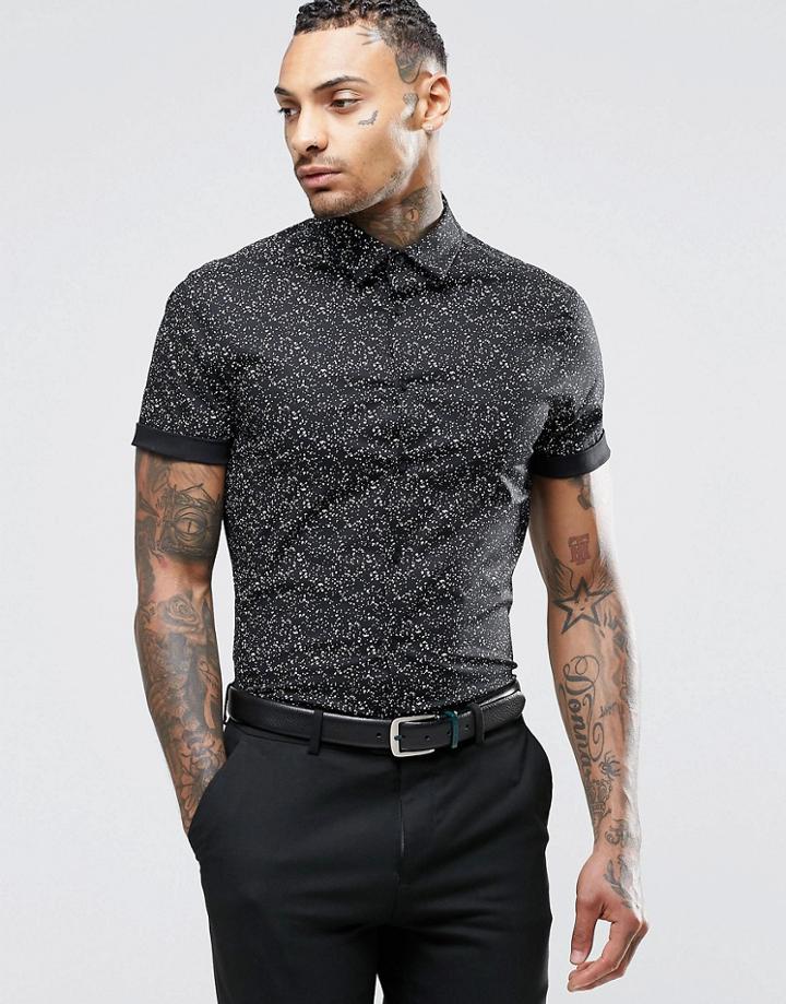 Asos Skinny Shirt In Black With Paint Splatter Print And Short Sleeves - Black