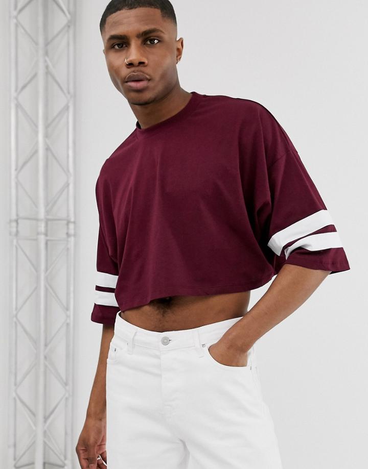 Asos Design Cropped Oversized T-shirt With Sleeve Stripes In Burgundy-gray
