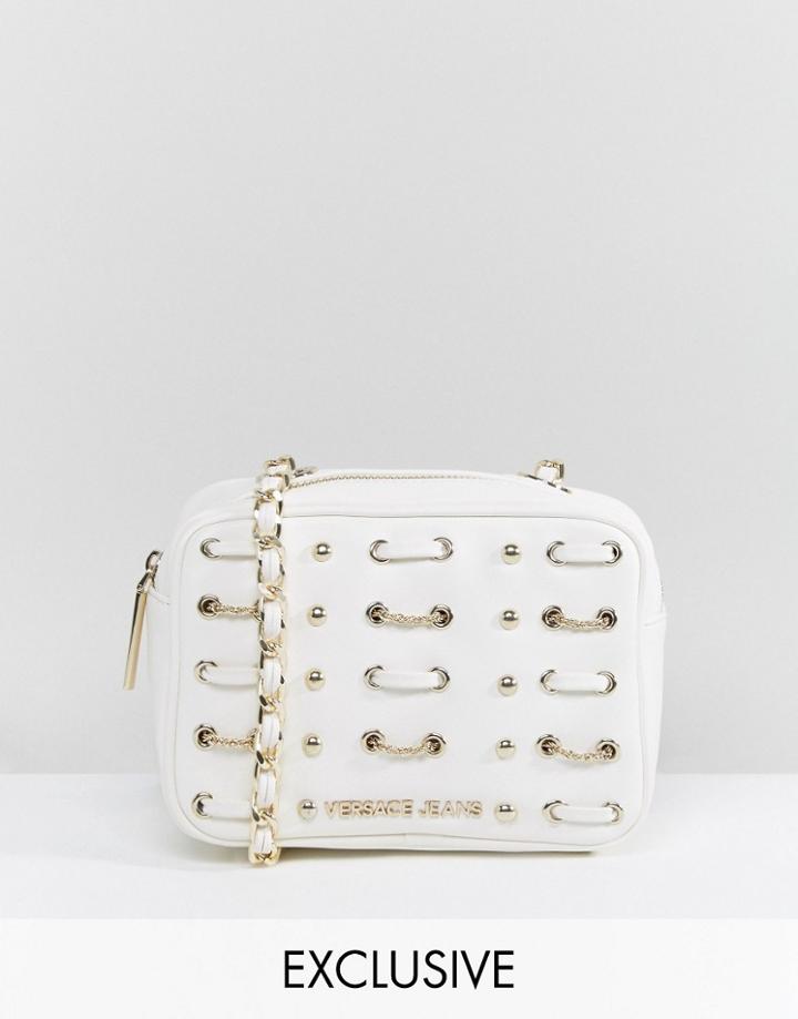Versace Jeans White Woven & Studded Cross Body Bag - White