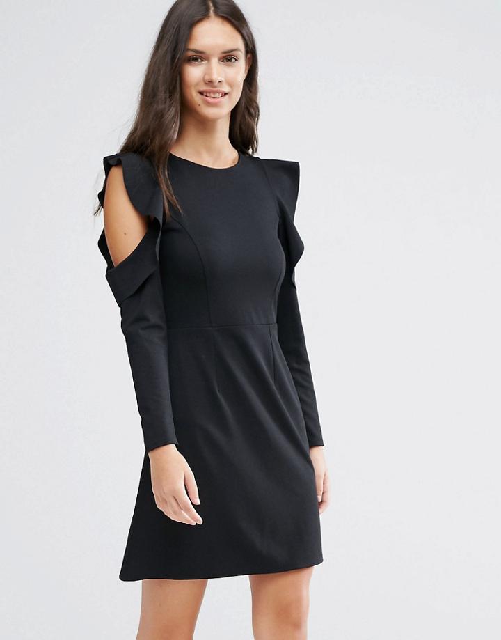 Asos Skater Dress With Cold Shoulder Frill Sleeve Detail - Black