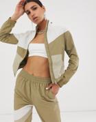 Asos Design Cropped Tracksuit Jacket In Khaki Color Block - Navy