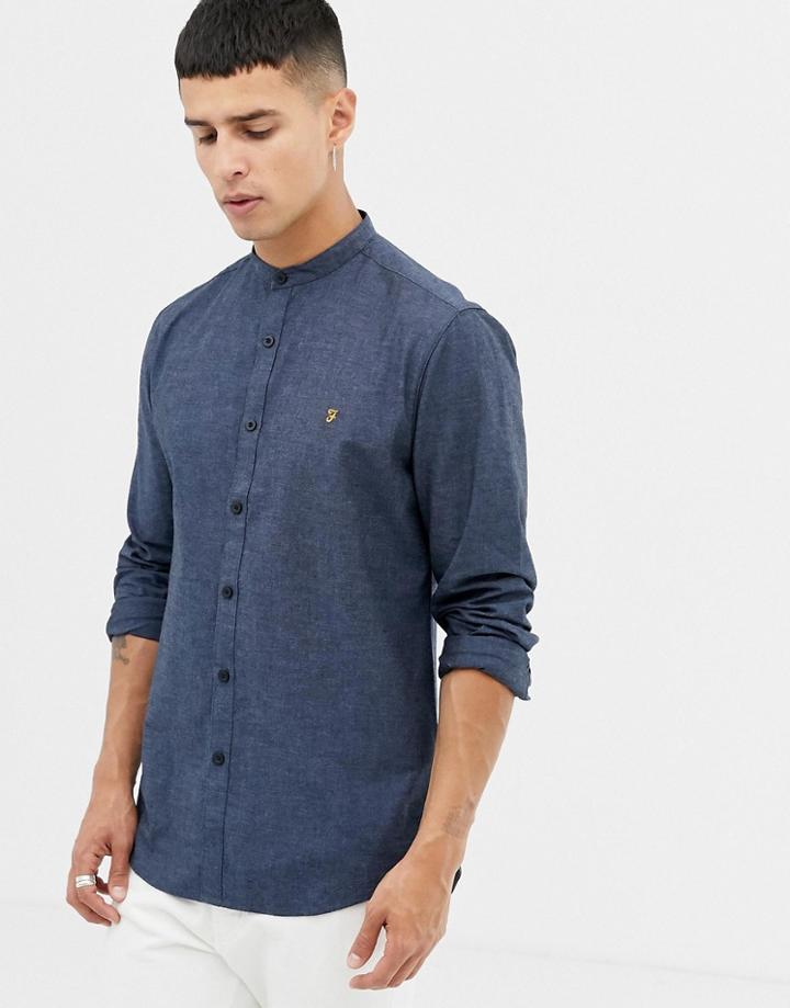 Farah Steen Slim Fit Grandad Collar Textured Shirt In Blue