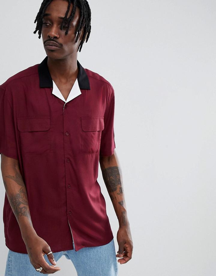 Asos Design Regular Fit Shirt With Contrast Revere Collar In White & Black - Red