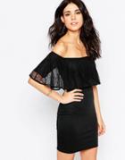 Oh My Love Off Shoulder Dress With Lace Trim - Black