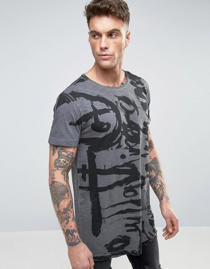 Diesel T-longer Long Line Paint T-shirt - Gray