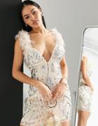 Asos Luxe Embellished Gemstone Mini Dress With Faux Feathers In Blush-pink