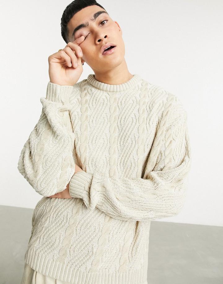 Asos Design Oversized Knitted Plated Cable Sweater In Beige-neutral
