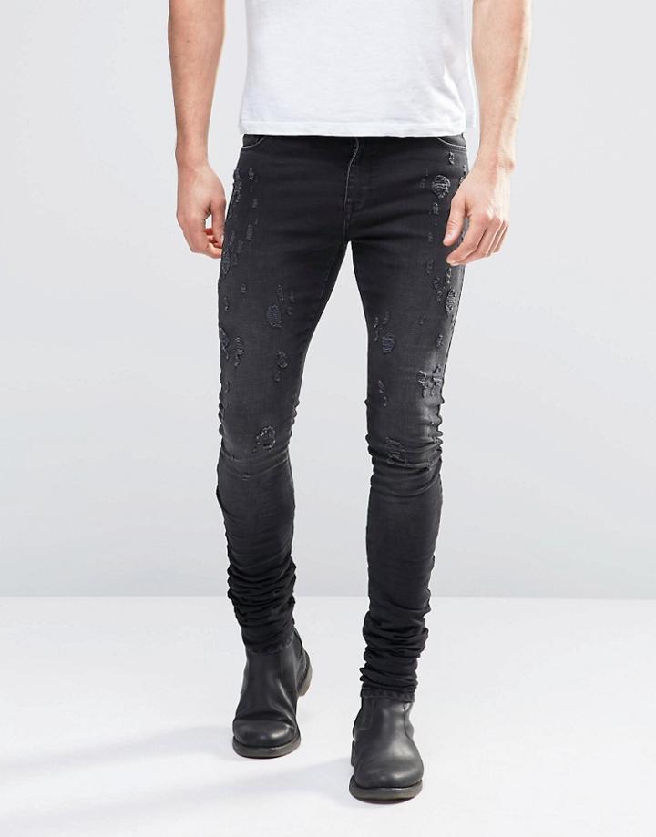 Asos Super Skinny Stacker Jeans With Abrasions In Black - Black