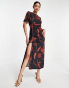 Asos Design Short Sleeve Midi Dress With Ruching Detail In Black Base Floral-multi