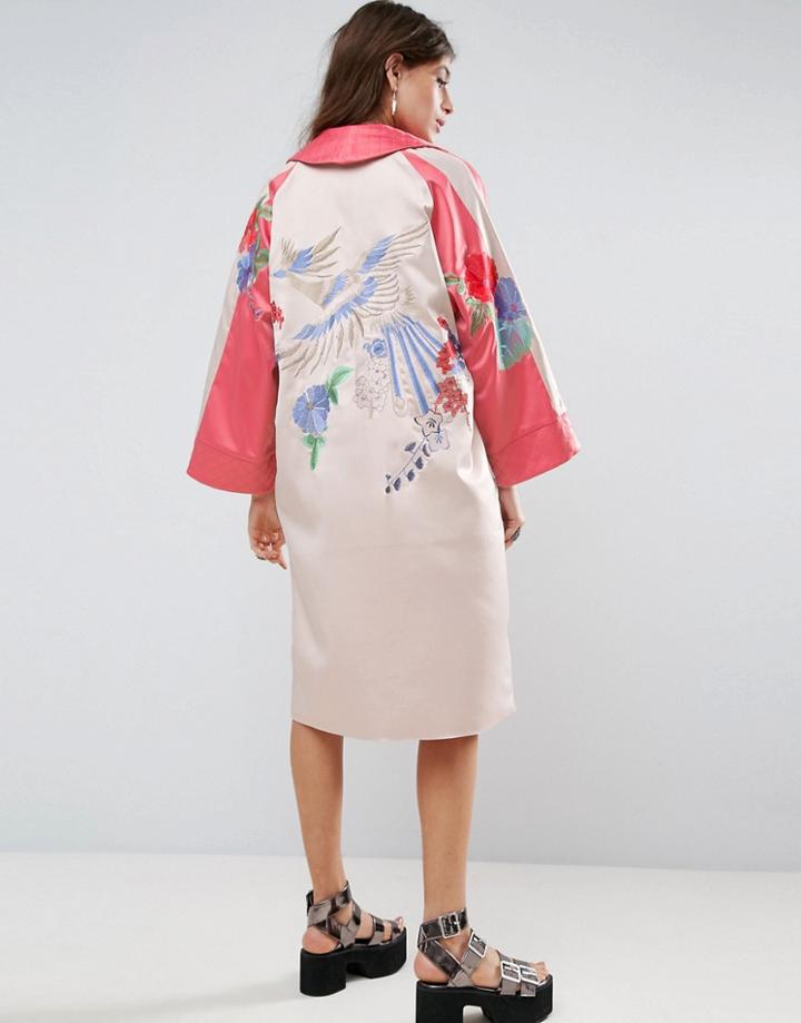 Asos Premium Kimono With Bird And Floral Embroidery - Multi