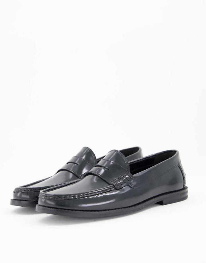 Asos Design Loafers In Black Leather With Black Sole