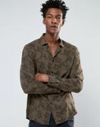 Asos Viscose Shirt In Khaki With Floral Print In Regular Fit - Green