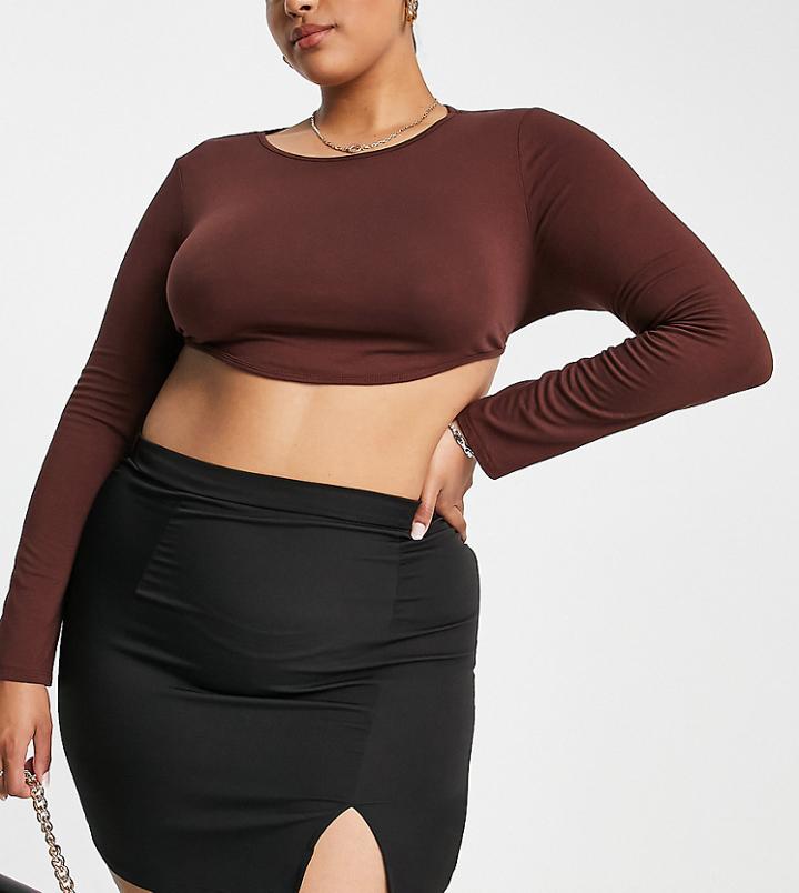 Naanaa Plus Side Split High Waisted Skirt In Black