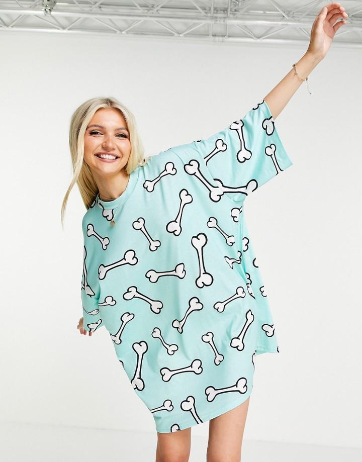 Asos Design Oversized T-shirt Dress With All Over Print Bone Print-multi