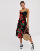 Parisian Cami Strap Midi Dress In Tropical Floral - Black