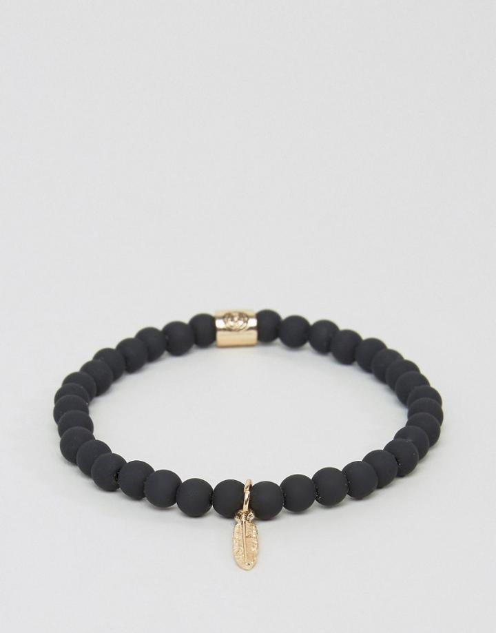 Chained & Able Slim Beaded Bracelet With Hanging Feather In Gold - Gold
