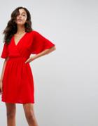 Asos Flutter Sleeve Cross Over Mini Dress-red