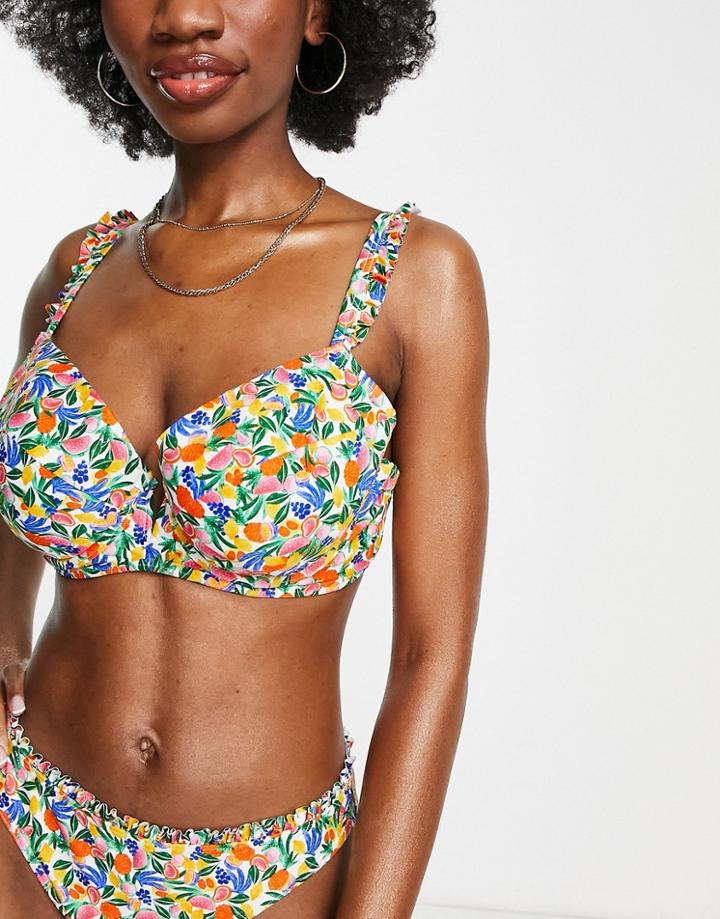Figleaves Fuller Bust Underwire V Wire Frill Bikini Top In Fruit Print-multi