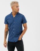 Boohooman Regular Fit Revere Shirt With Geo Print In Navy - Navy