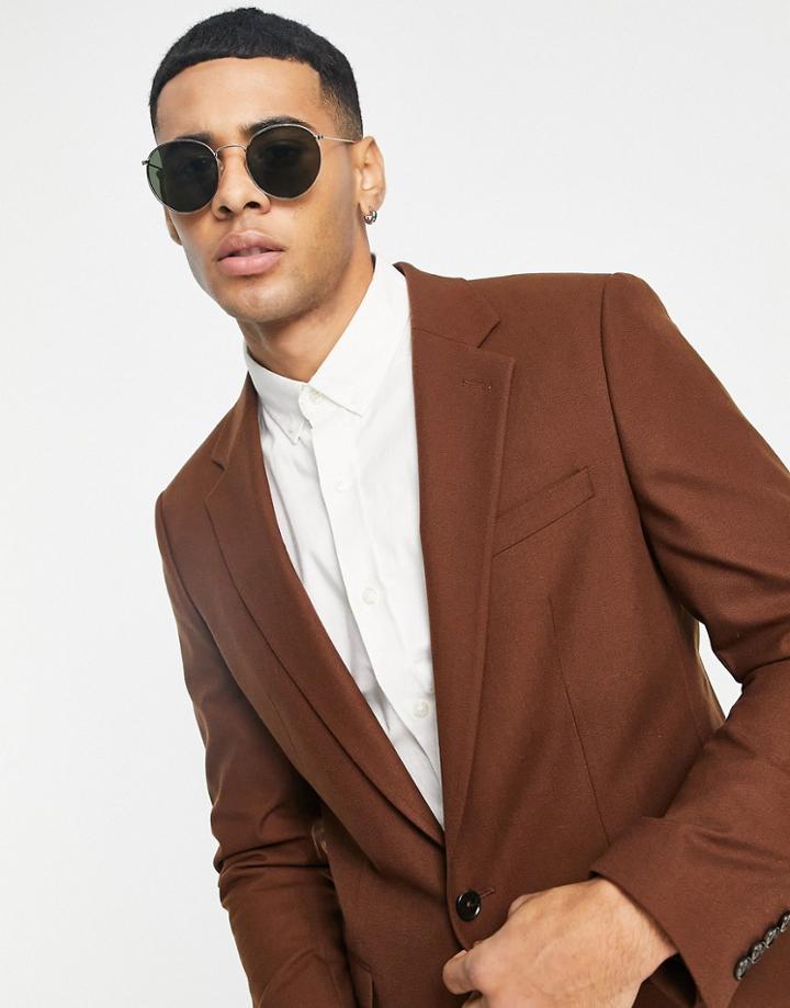 River Island Relaxed Flannel Suit Jacket In Brown-white