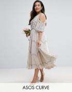 Asos Curve Wedding Embellished Floral Cold Shoulder Midi Dress - Gray