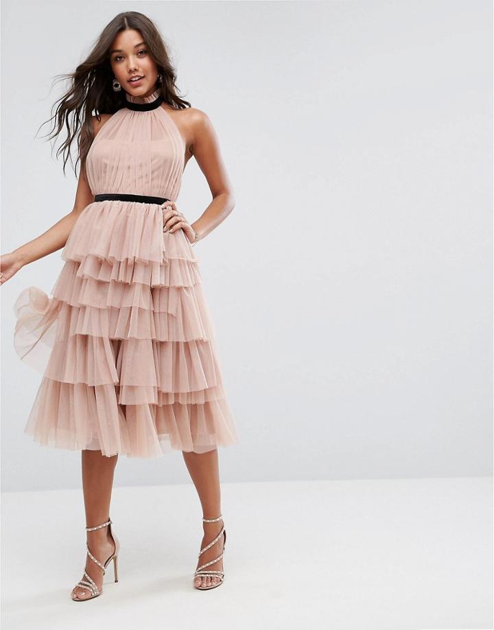 Asos Premium High Neck Tiered Tulle Midi Prom Dress - Pink