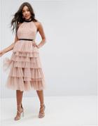 Asos Premium High Neck Tiered Tulle Midi Prom Dress - Pink