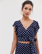 Oasis Wrap Crop Top With Frill Sleeves In Polka Dot - Multi