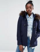 Only Wool Duffle Coat With Faux Fur Hood - Navy