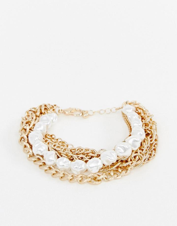 Reclaimed Vintage Inspired Mixed Chain & Pearl Twist Bracelet - Gold