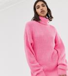 Missguided Roll Neck Boyfriend Sweater In Neon Pink - Pink