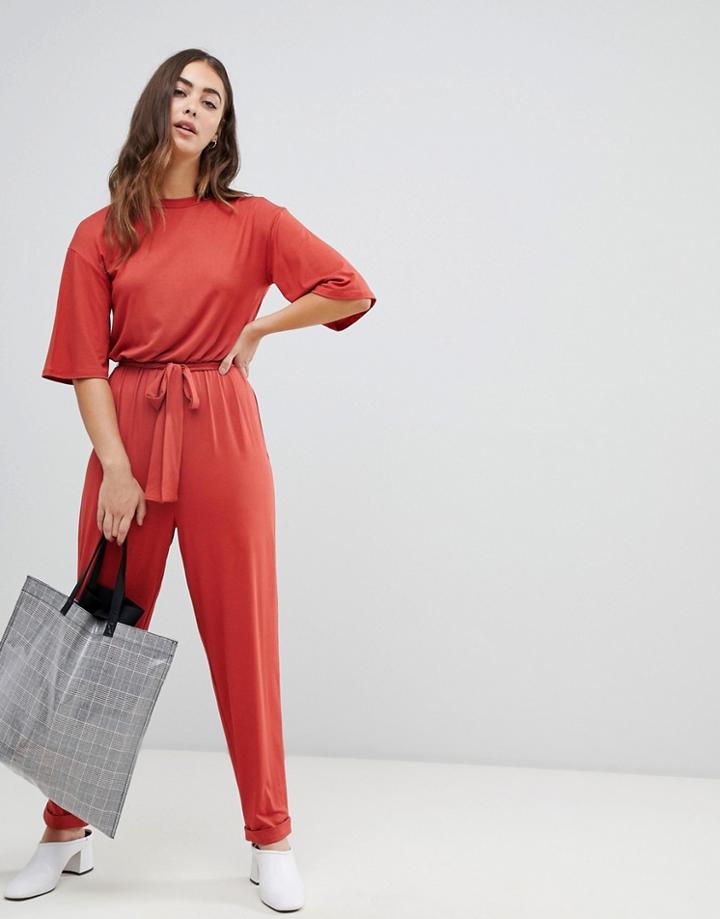 Asos Design T-shirt Jumpsuit With Tie Waist - Orange