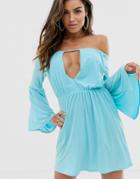 Asos Design Tie Front Bardot Ruched Mini Dress-blue