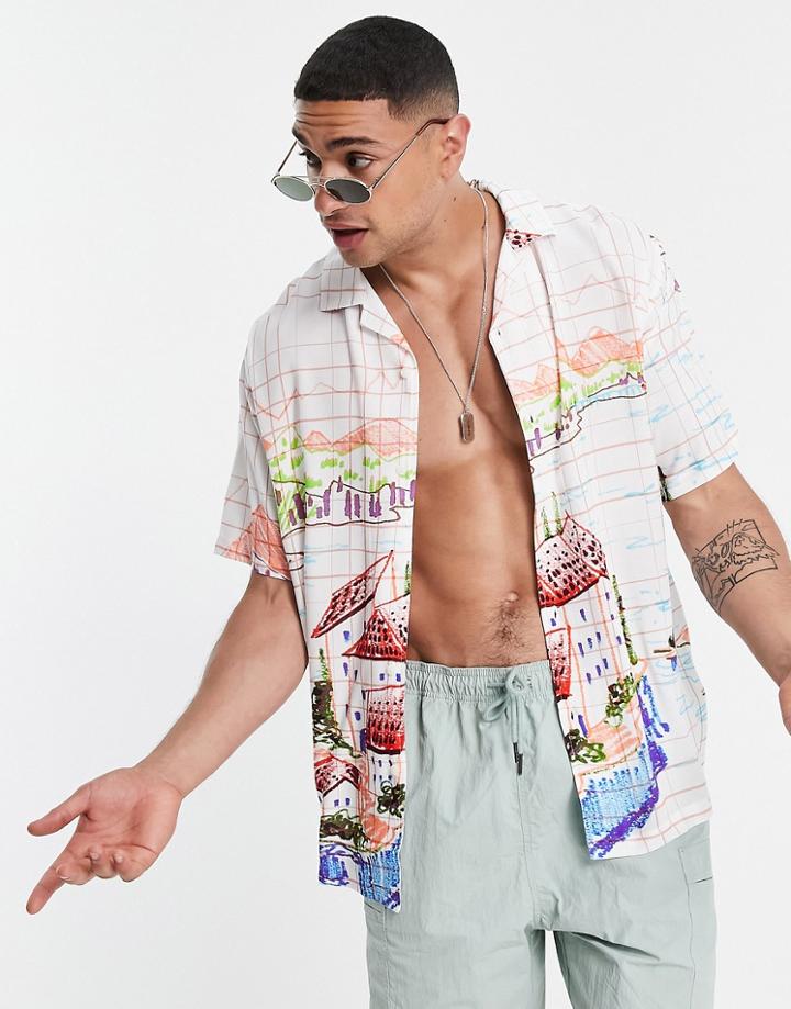Pull & Bear Landscape Drawing Print Shirt-multi
