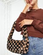 Asos Design 90s Shoulder Bag With Checkerboard Faux Fur In Brown