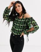 Lost Ink Cold Shoulder Top In Neon Grid Print