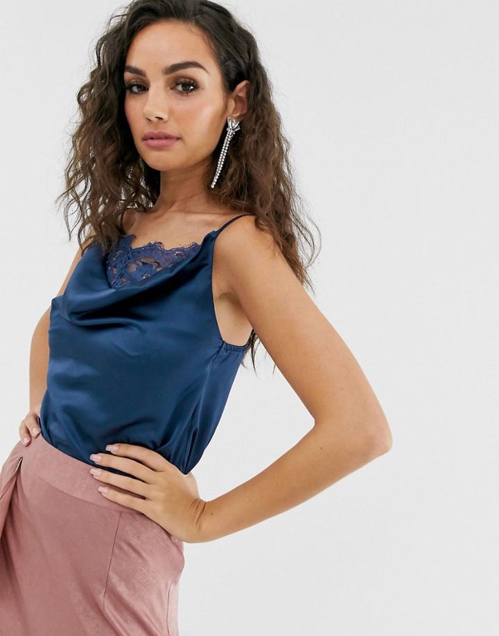 Outrageous Fortune Satin Lace Insert Cami Top In Navy - Blue