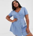 Asos Design Curve Denim Tea Dress With Mock Horn Buttons In Blue