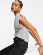 Asos Design Sleeveless T-shirt With Ruched Shoulder In Gray-green