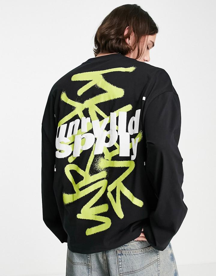 Asos Unrvlld Spply Oversized Long Sleeve T-shirt With Logo Graffiti Back Print In Black