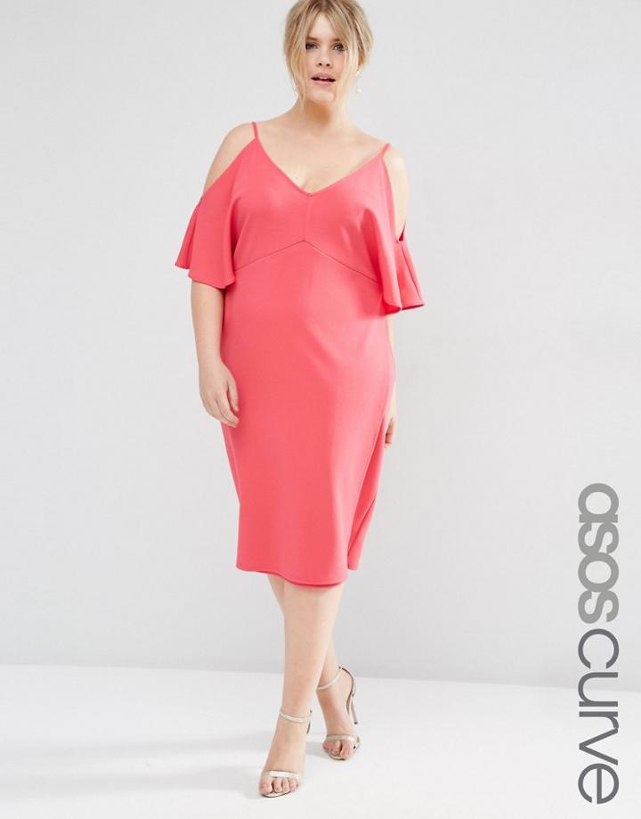 Asos Curve Pencil Dress With Cold Shoulder - Fuschia