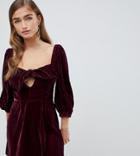 Asos Design Petite Velvet Square Neck Mini Dress With Tie Front-red