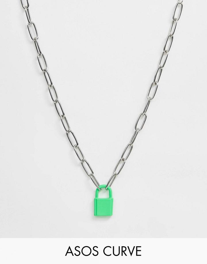 Asos Design Curve Necklace With Color Padlock And Hardware Chain In Silver Tone - Silver