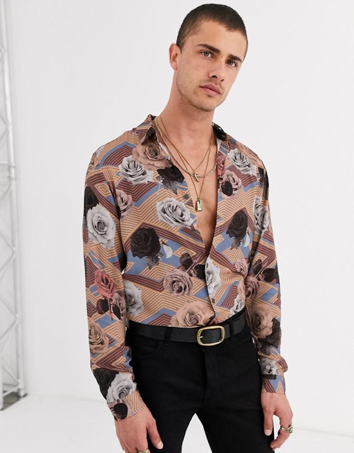 Asos Design Regular Fit Shirt In Floral Geometric Print