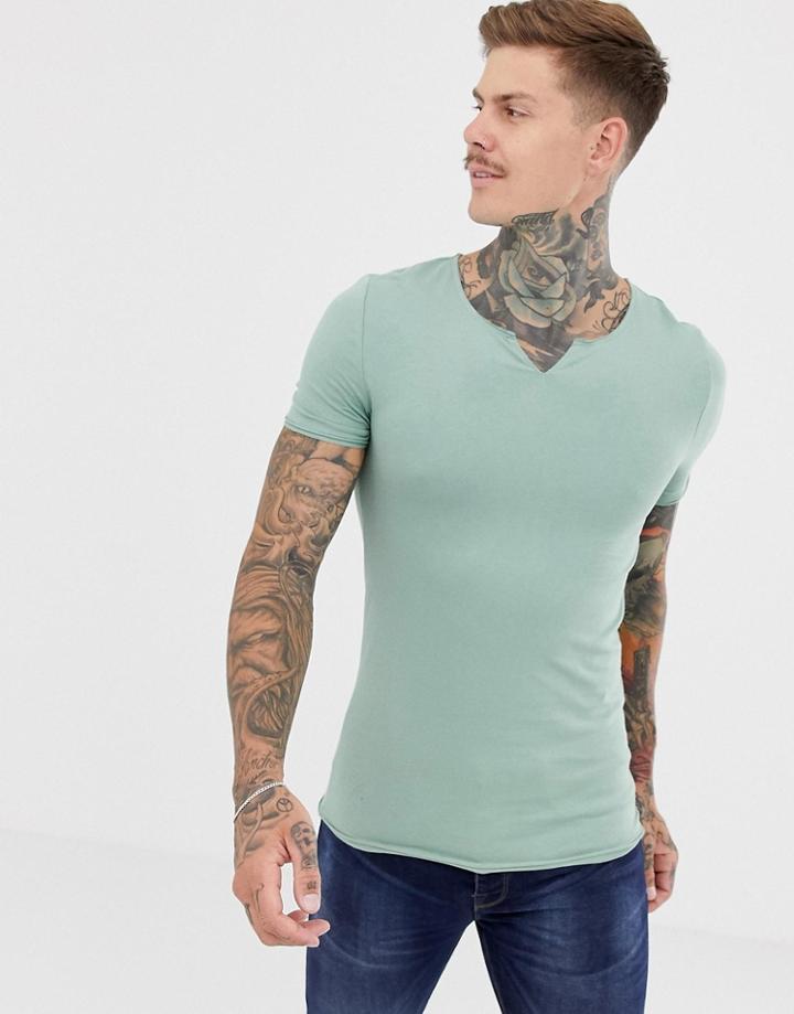 Asos Design Muscle Fit T-shirt With Raw Notch Neck In Green - Green