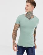 Asos Design Muscle Fit T-shirt With Raw Notch Neck In Green - Green