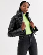 Asos Design Crop Puffer Jacket With Croc Texture In Black